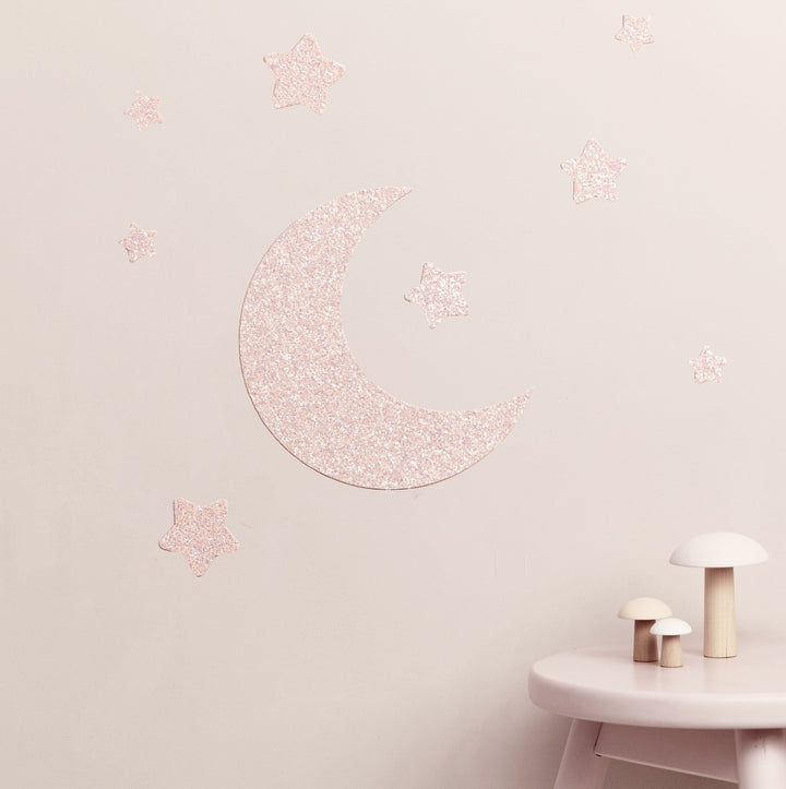 Heavenly Pink Glitter Moon & Stars Wall Stickers Set